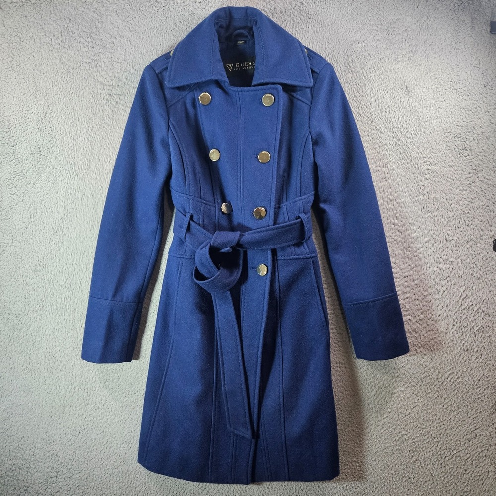 Guess Wool Blend Overcoat Doublebreasted Women‎ Small Militarty Style Belt Blue